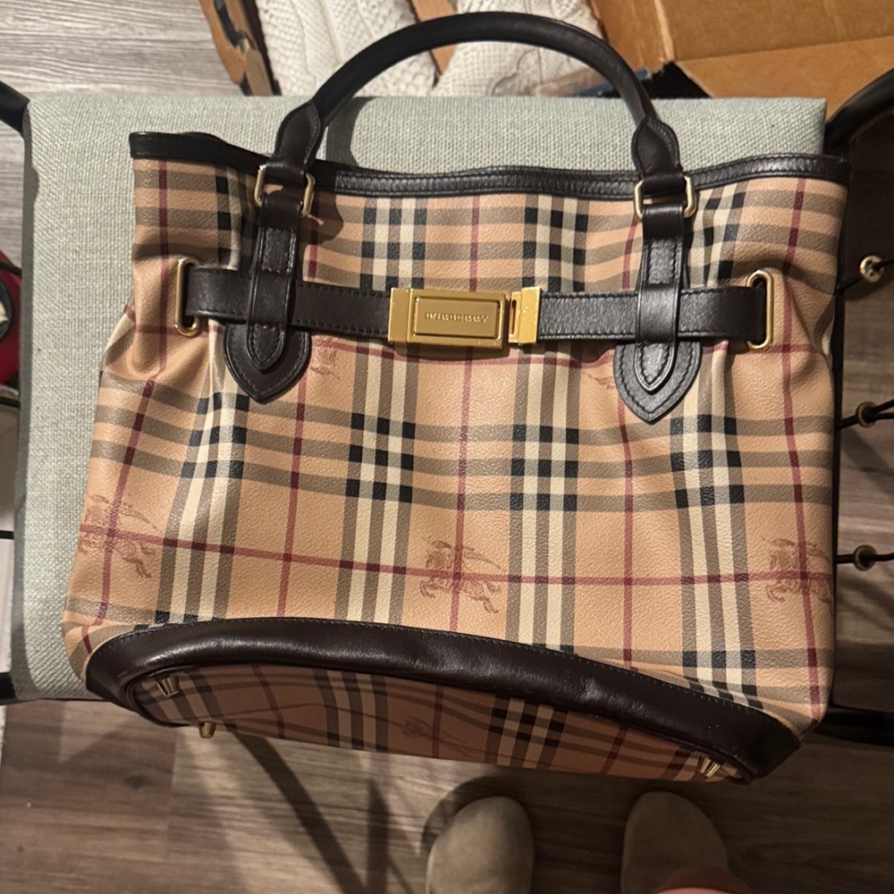 Burberry Beige and Dark Brown Plaid Shoulder Bag